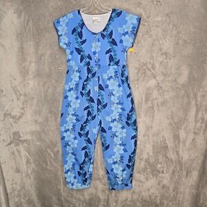 Amy Lee Jumpsuit Women XS Blue Floral Hibiscus Aloha Cotton Blend Pockets Romper